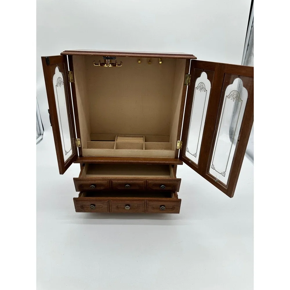Vintage Jewelry Box Armoire Wood Etched Glass Cabinet Brown 15.5in